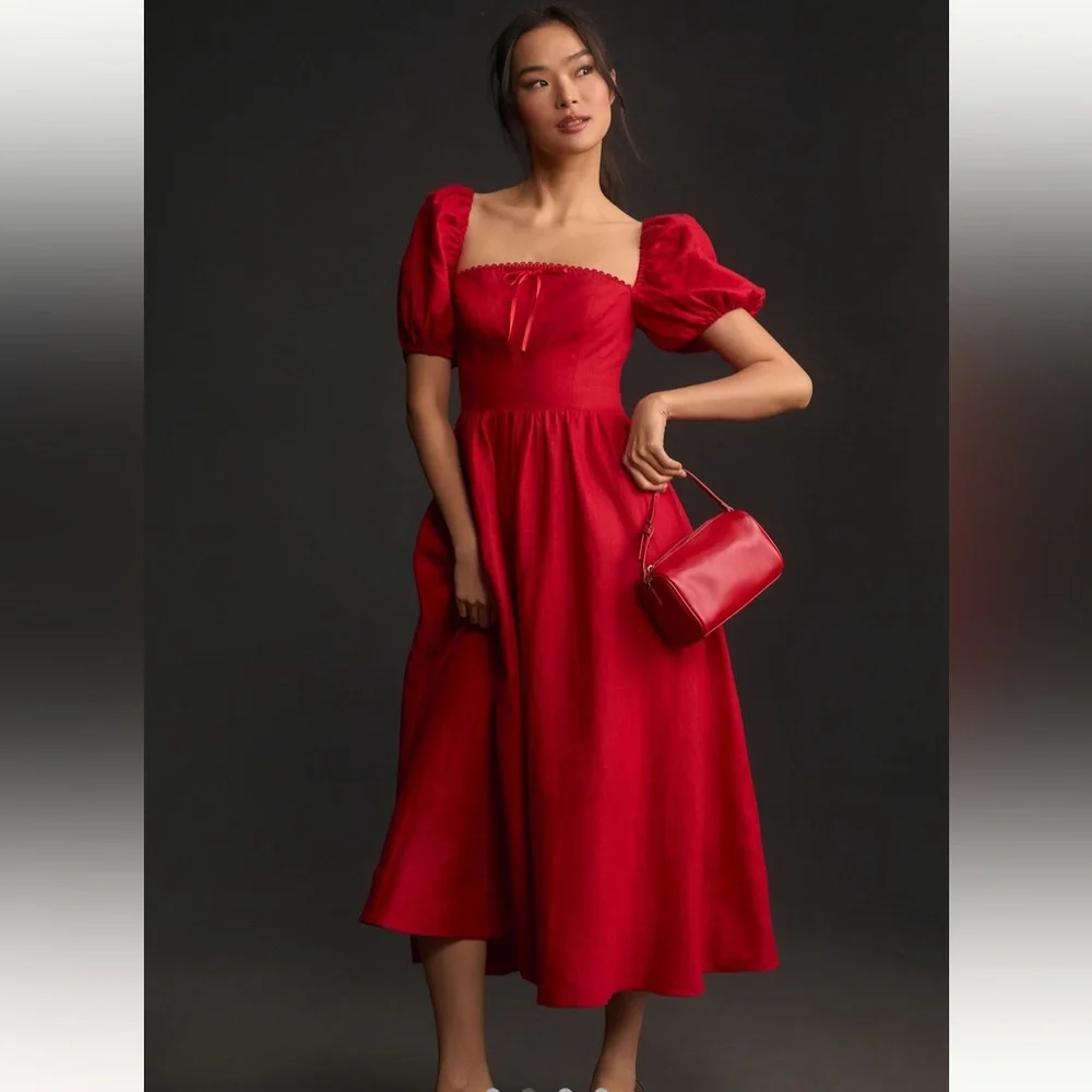 Reformation Marella Red Linen Puff Sleeve Dress 10 - Picture 2 of 7